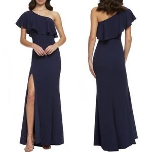 NEW Dress The Population Frida‎ Midnight Blue One Shoulder Crepe Gown